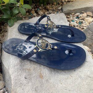 Michael Kors Gold Logo Jelly Thong PVC Blue Sandals Women's Size 8